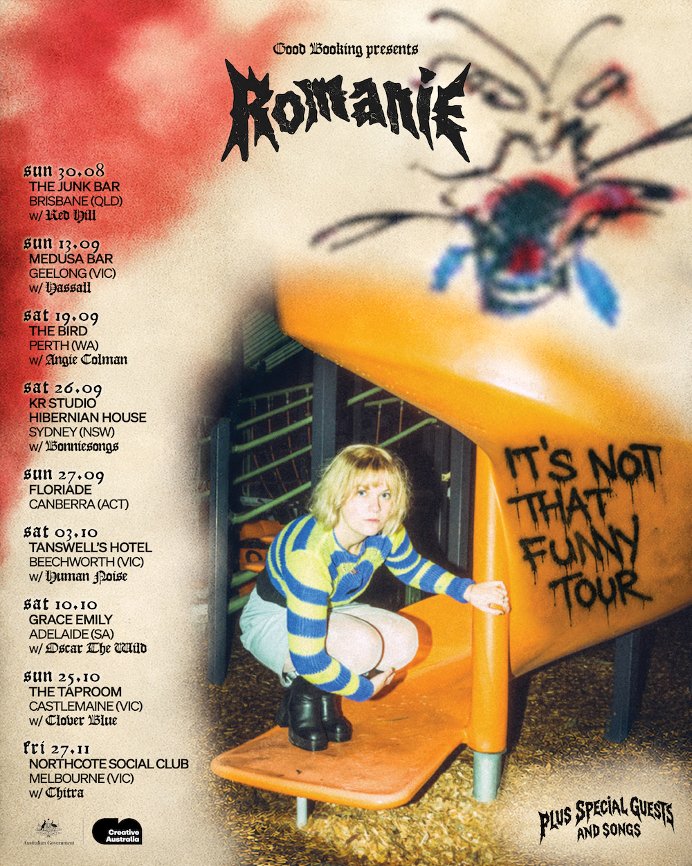 Tour poster for Romanie's "It's Not That Funny Tour" listing Australian dates, featuring Romanie on a playground slide next to tour text.